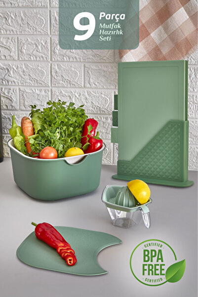 MOİ 9-Piece Kitchen Prep Set - Cutting Board with Upright Stand, Mixing Bowl, Strainer, Lemon Squeezer