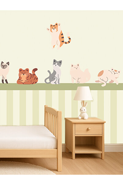 Tasarım Sevimli Kediler Temalı Çocuk Odası Poster Duvar Kağıdı – Pastel Tonlarda