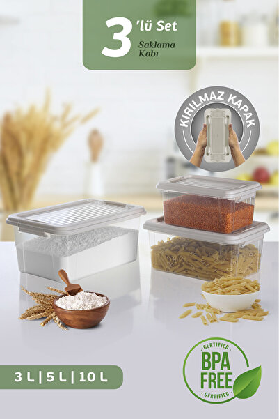 MOİ 3-Piece Locking Lid 3-5-10 Lt Food Storage Container Multi-Purpose Organizer Box Detergent Flour Grains Container