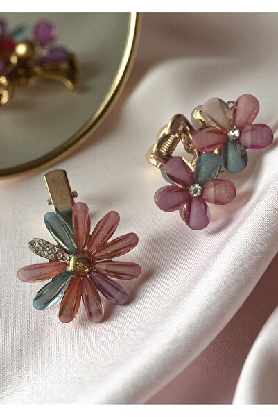 bonbela İkili Kristal Taşlı Renkli Çiçek Toka Seti – Mandal ve Timsah Klips