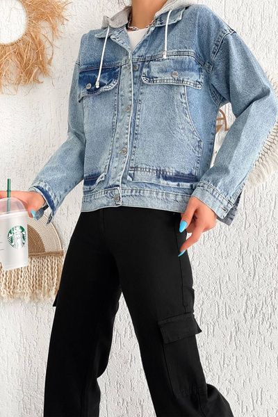 Noa Noa Jachetă de denim cu cu glugă buzunare detașabilă pentru femei – fără căptușeală și utilizare multifuncțională