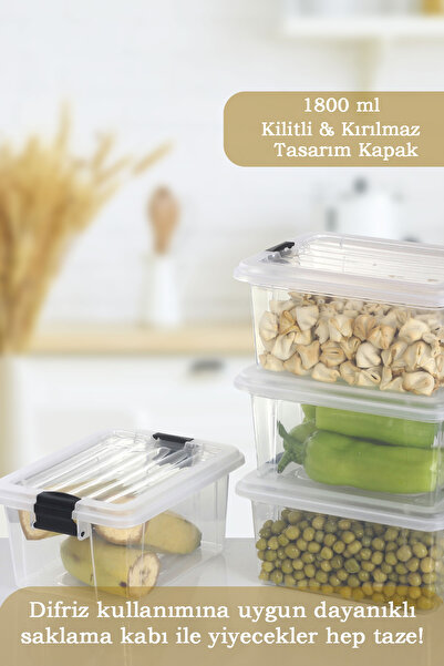 MOİ Set of 4 1800 ml Food Storage Containers with Locking Lids Freezer Refrigerator Organizer Storage Box Transparent