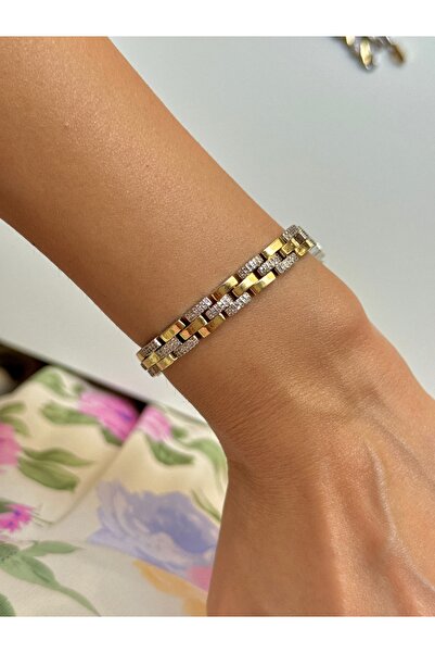 YOUES JEWELRY MİX LÜX SERİ Gold Gümüş Renk Bileklik Renk Atmaz Kuyumcu Model Kadın Bileklik 1 Adet Bileklik