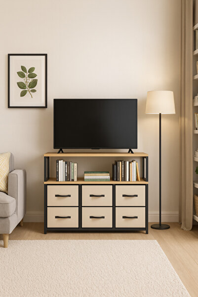 moniev 2 Raflı 6 Çekmeceli Tv Sehpası Deri Çekmeceli Tv Ünitesi Kitaplıklı Tv...