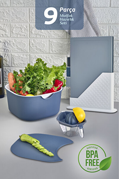 MOİ 9-Piece Kitchen Prep Set - Cutting Board with Upright Stand, Mixing Bowl, Strainer, Lemon Squeezer