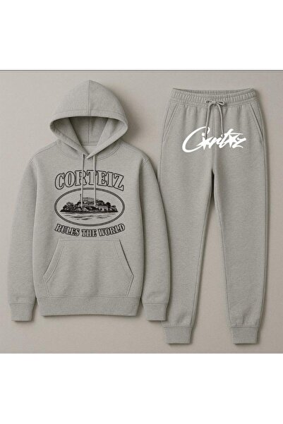Elvino Σετ αθλητικής φόρμας με κουκούλα Crtz με στάμπα Oversize Γυναικεία/Ανδρική Unisex Χειμερινή 3-κλωνική γκρι φόρμα
