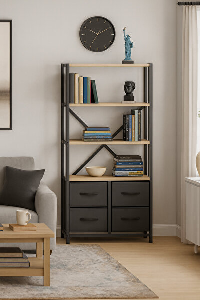 moniev 4 Çekmeceli 4 Raflı Kitaplık Çalışma Odası Düzenleyici Metal Kitaplık Deri Çekmeceli Kitaplık