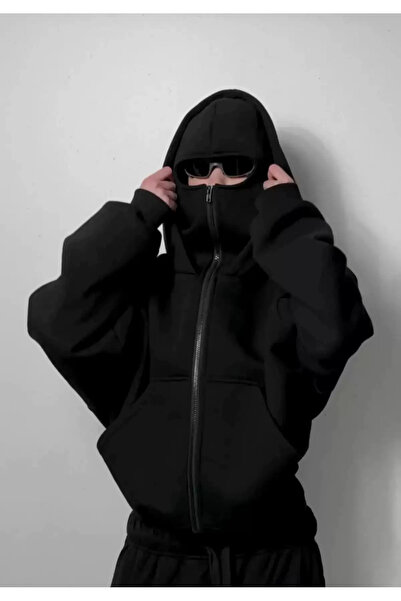 Touz Moda Touz Collection Маска Подробно Огромна качулка с цип Черна унисекс качулка с качулка