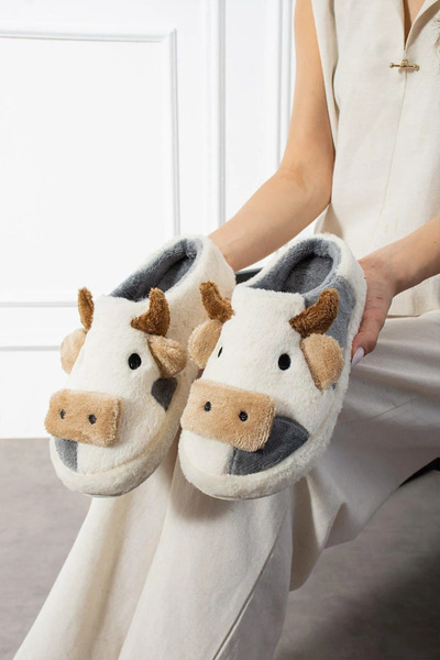 Gofeel Gri Sevimli İnek Desenli Peluş Rahat Ev Terliği