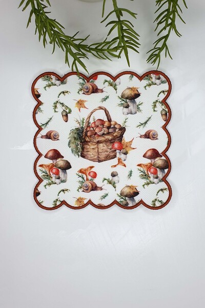 decofav Autumn Mushroom Basket Leaf Pattern Embroidery Edge Cocktail Napkin 1 Piece