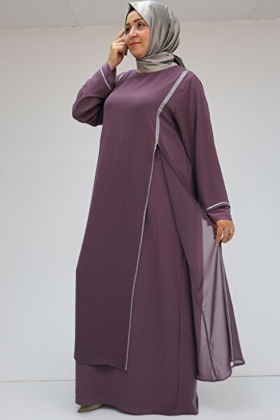 Eslina 42001 Plus Size Sandy Stone Detailed Dress - Dusty Rose