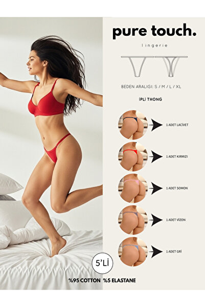 pure touch lingerie Kadın Ipli Ip Lastikli 5'li Tanga - String Tanga Külot / Kırmızı - Lacivert - Vizon - Somon - Gri