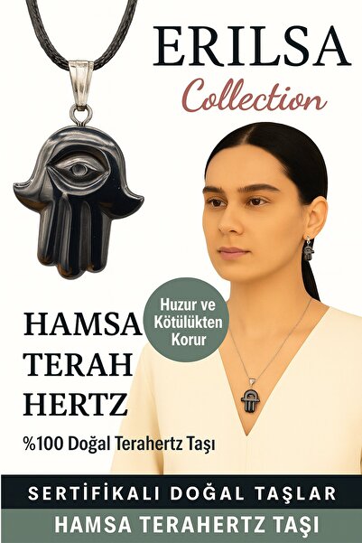 Erilsa Sertifikalı Hamsa Terahertz Doğal Taş Kolye – Koruma Huzur Negatif Enerji Kalkanı