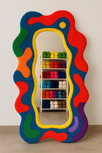 Afro Dekorasyon Gökkuşağı renkli ayna , özel tasarım ayna , tufting ayna , du...