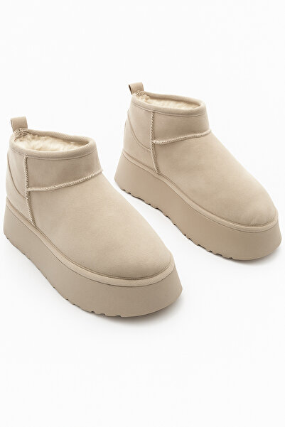 LAVONE Kadın Kalın Taban Içi Kürklü Yarım Bot Tefis Bej Süet