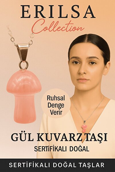 Erilsa قلادة من حجر الكوارتز الوردي على شكل فطر معتمدة - قلادة من الحجر الطبي...
