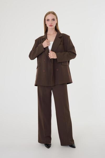 Hazel Women's Brown Polyviscon Blazer Jacket Pants Set