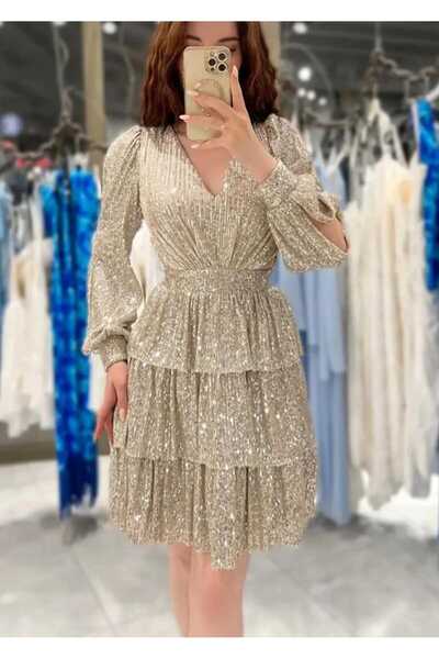 maf collection Women's Beige Sequin Low Back Mini Evening Dress