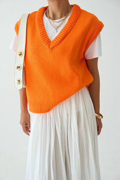 LOOSH Kadın Turuncu V Yaka Fitilli Kenarlı Kolsuz Süveter