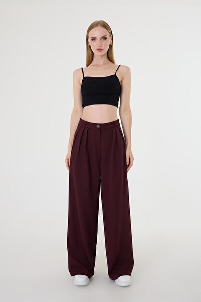 Hazel Women's Burgundy Pleated Detail Palazzo Pants