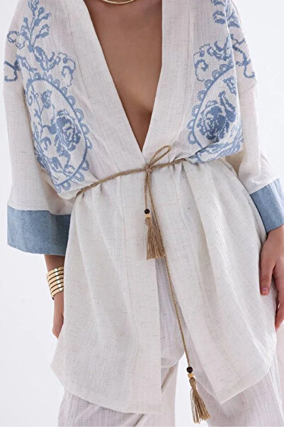 FASHION COCKTAIL Natural Breathable Textured Embossed Fabric Embroidered Kimono Bohemian Kaftan Ecru