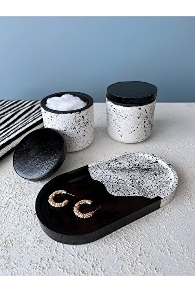 Ca.Gi Handmade Black-White Splatter Patterned 2-Piece Jar & Plate Bathroom Or...