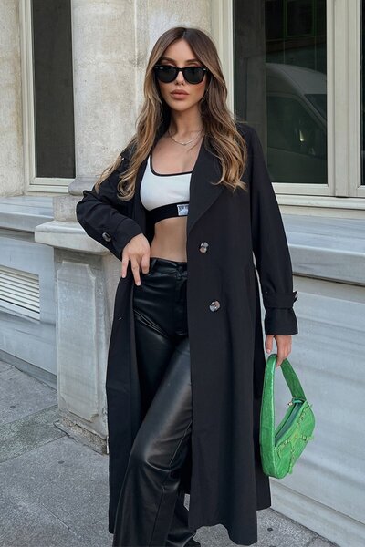 TANISA Sora Black Front Buttoned Double Breasted Collar Trench Coat Tns-4391