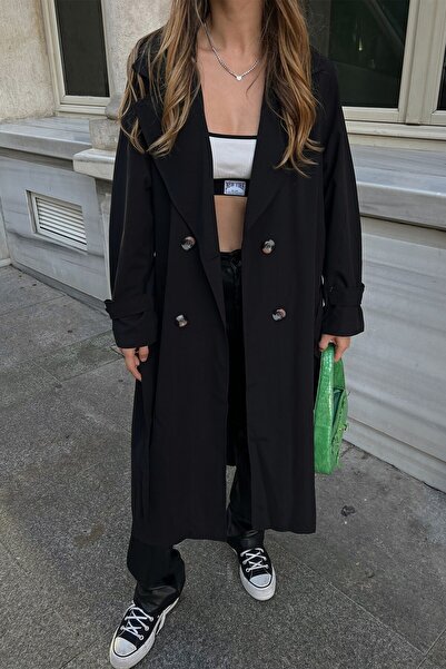 TANISA Sora Black Front Buttoned Double Breasted Collar Trench Coat Tns-4391