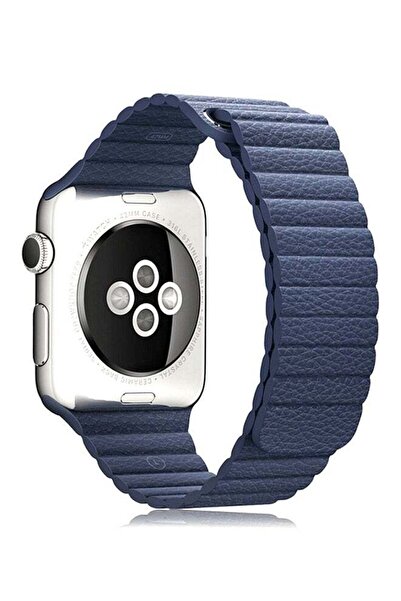 Generic سوار جلد طبيعي بحلقة مغناطيسية لساعة أبل مقاس 42 مم، سلسلة 3/2/1، أزرق