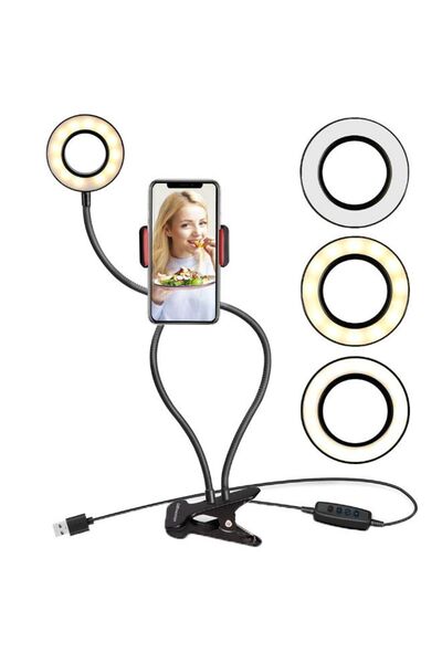 Generic حلقة إضاءة سيلفي مع حامل هاتف باللون الأسود