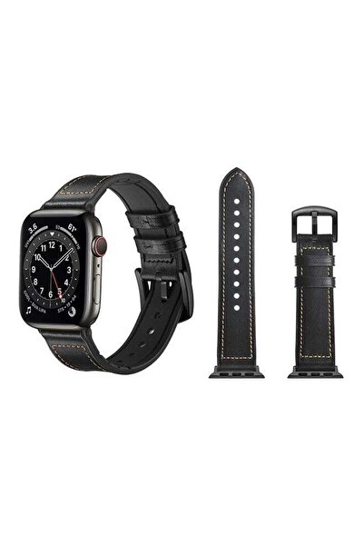Perfii سوار بديل من الجلد الأصلي لساعة Apple Watch Series 6/SE/5/4/3/2/1 باللون الأسود