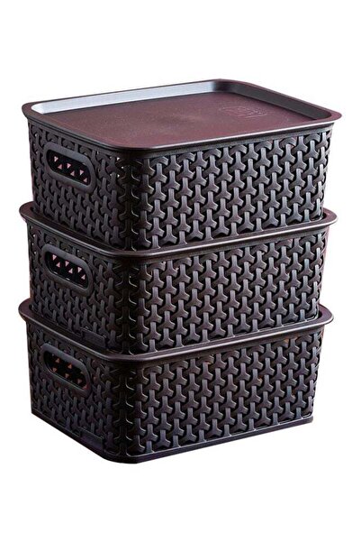 Home Box Pack Of 3 Spectra Basket With Lid Brown 25x10x20cm