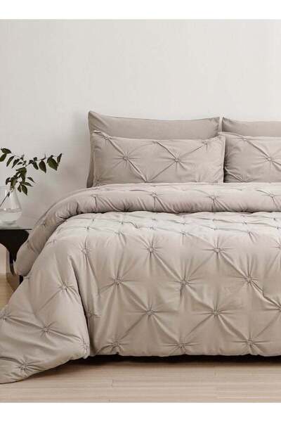 LUNA HOME King size comforter set, 6 piece fitted bedding set pintuck pleated, beige color.
