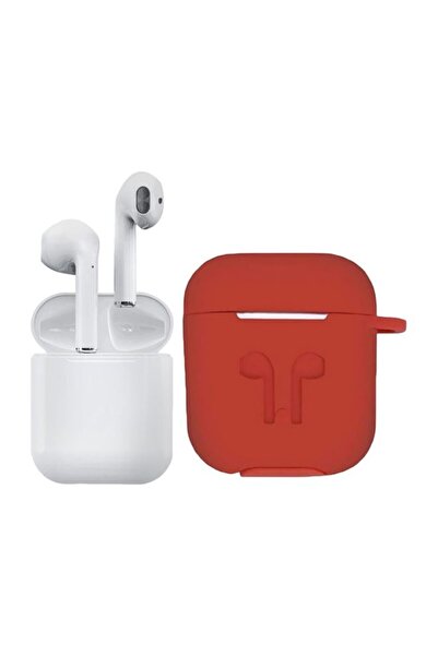 i12 سماعات أذن بلوتوث مع ميكروفون وحافظة شحن - أبيض/بني