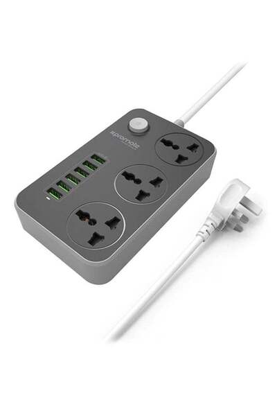 Promate Power Extension, 2500W Universal 3-Outlet Surge Protector Power Strip with 6 USB Charging Po
