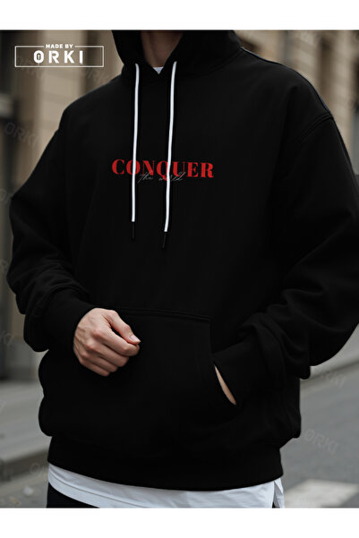 EFFRENATU Φούτερ με κουκούλα σε μαύρο χρώμα με στάμπα "Conquer the World"