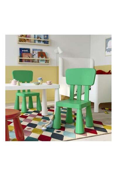 Generic Rectangular white children's table with two green children's chairs
