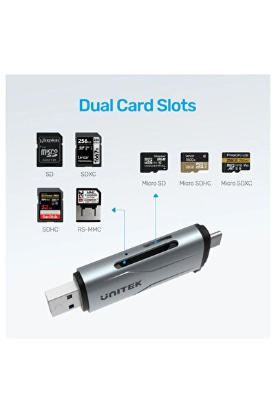 Unitek 2-in-1 SD Card Reader – 5Gbps, Dual Access, Plug & Play, Space Grey | R1010A