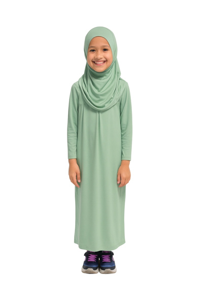 Bilenler ثوب صلاة للأطفال من القطن الممشط مع غطاء رأس ذاتي باللون الأخضر الفاتح / للأعمار 6-7-8 سنوات