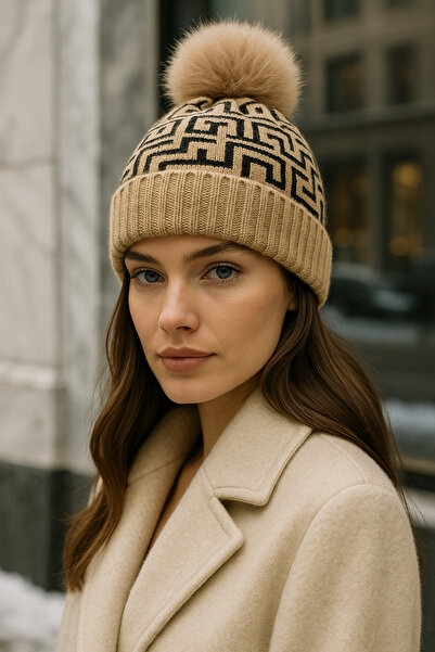 Luminos Butik Women's Camel Patterned Pompom Wool Beret Bere1144