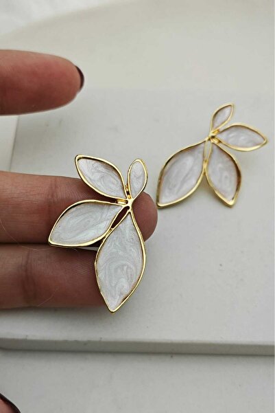 KYOLA DESİGN White Pearlescent Iconic Gold Leaf Women's Earrings (4.5 cm)