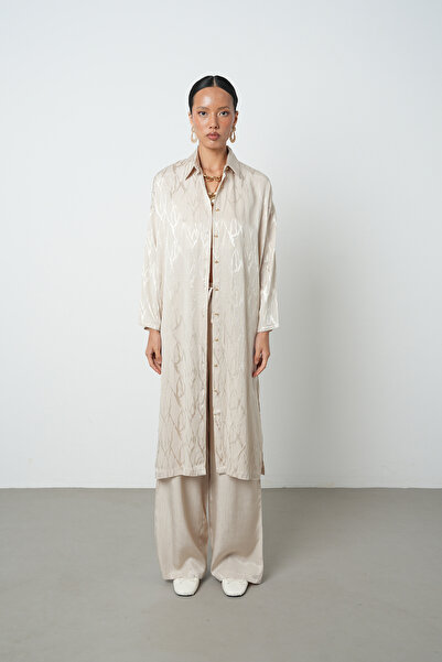 Orfeo Negro Women's Beige Color Patterned Long Tunic Hijab Shirt - Dress