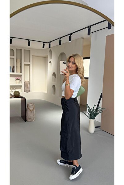 Sezgi Tekin Cargo Pocket Detail Belted Black Parachute Skirt