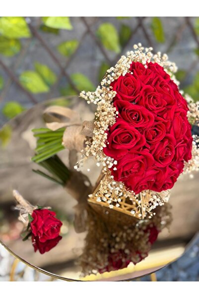 GÜRLEK TEKSTİL Kırmızı Kadife Güllü Gelin Çiçeği Cipsolu Gelin Buketi Damat Y...