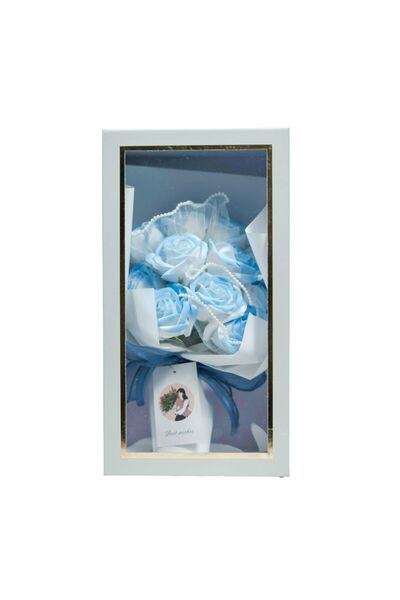 Flower Buchet trandafiri de sapun, culoare alb-bleu, cutie eleganta – cadou romantic