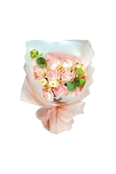 Flower Buchet flori de sapun asortate, trandafiri portocaliu si roz-alb, margarete