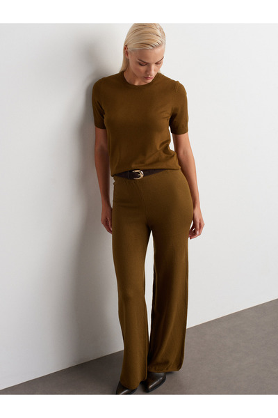 Dilvin 70163 Elastic Waist Wool Knit Trousers - Oil Green