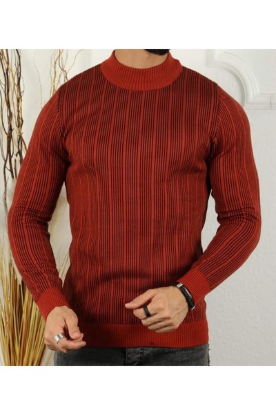 ASEZ BUTİK Men's Half Turtleneck Vertical Striped Fit Knit Sweater