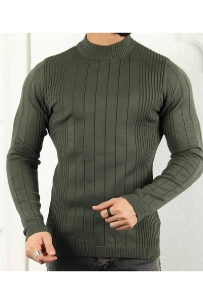 ASEZ BUTİK Men's Half Turtleneck Vertical Striped Fit Knit Sweater