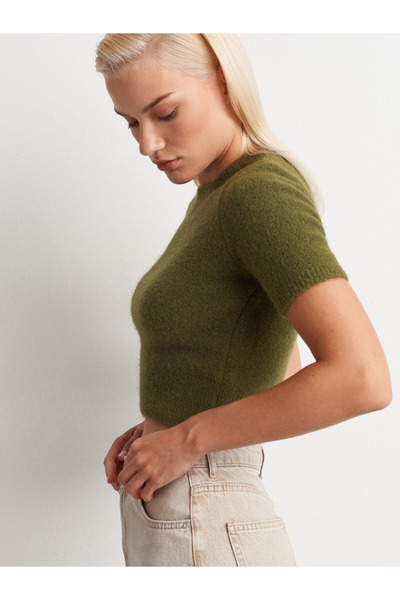 Dilvin 10651 Crew Neck Soft Textured Short Sleeve Knitwear Sweater-Khaki